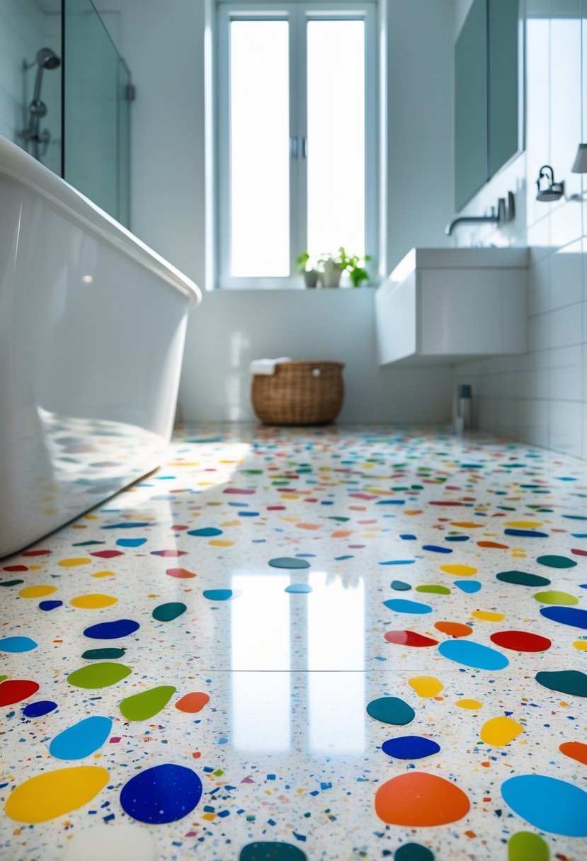 A clean bathroom with a colorful terrazzo patterned floor, a white bathtub, and modern fixtures.