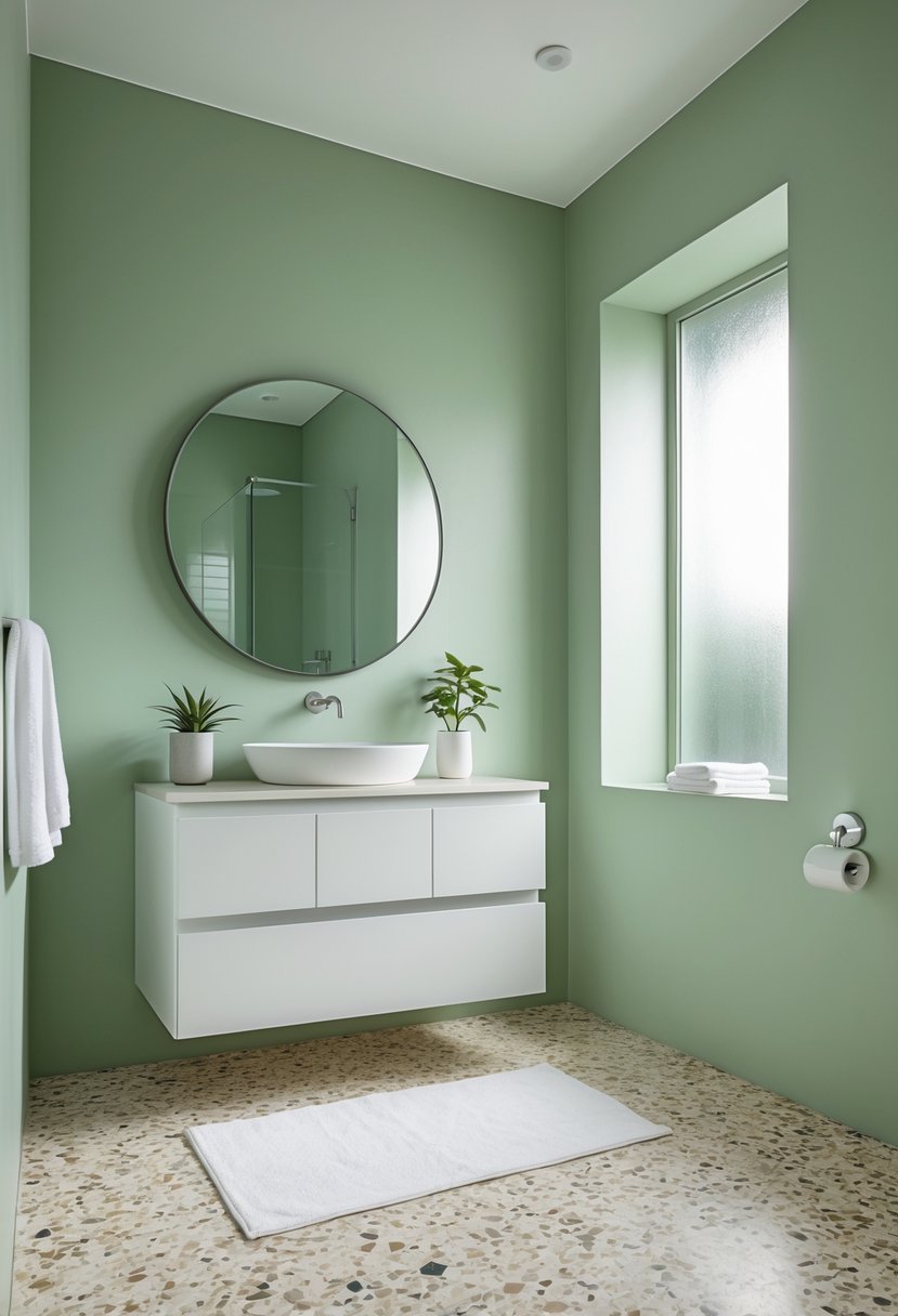 A bathroom with soft green walls, terrazzo flooring, a white vanity, round mirror, and natural light coming through a window.