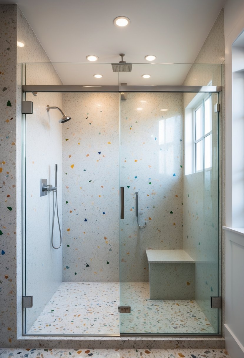 A bathroom with terrazzo walls inside a shower enclosed by a clear hinged glass door.