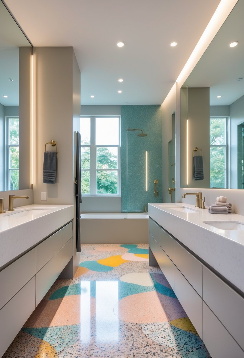 A modern bathroom with white quartz countertops and colorful terrazzo floors under soft natural light.