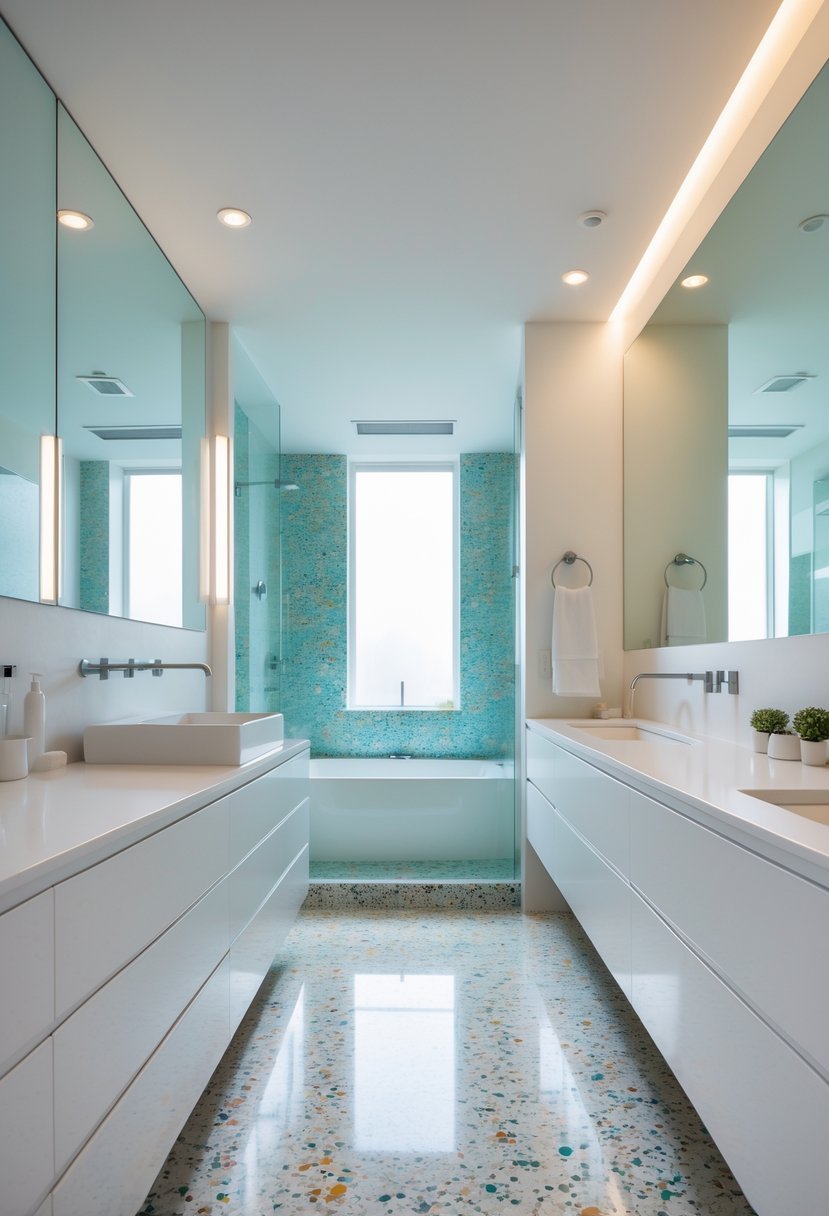 A bright bathroom with white countertops and colorful terrazzo flooring.