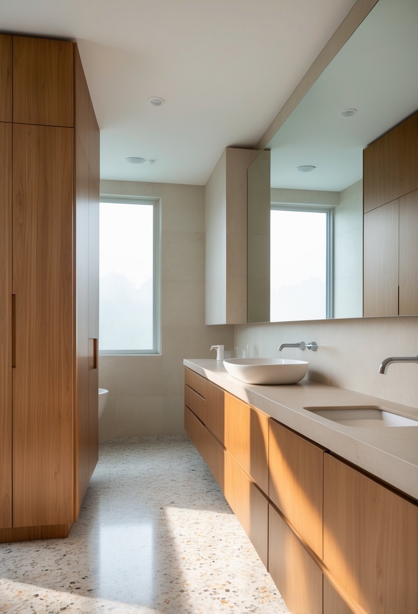 A bathroom with medium tone wood cabinets and terrazzo tiled floor, featuring a sink and mirror.