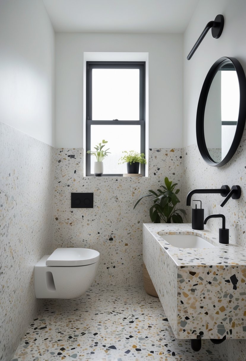 Small bathroom with terrazzo flooring and countertop, a round mirror, matte black fixtures, and a small window letting in natural light.