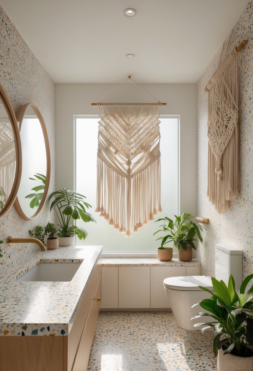 Bathroom interior with terrazzo walls and countertops, decorated with cream-colored macramé wall hangings and green plants.