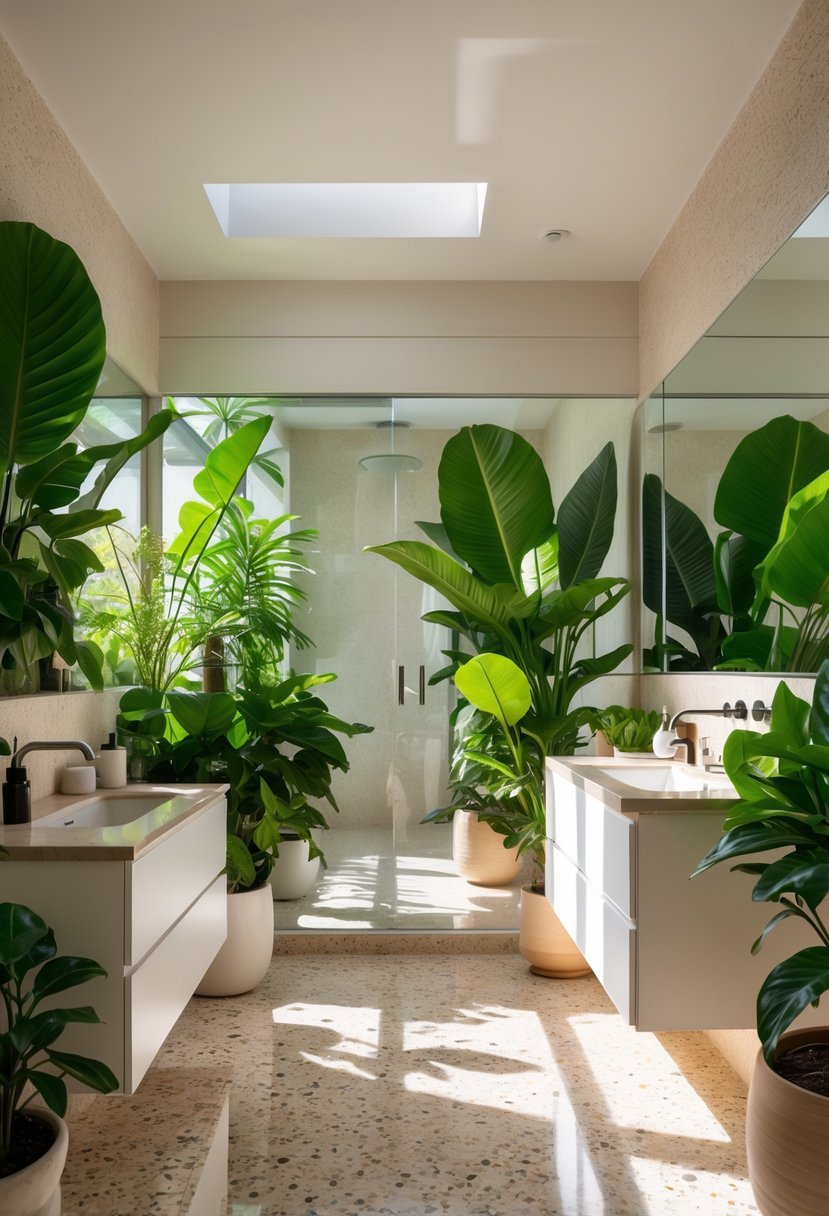 A bright bathroom with terrazzo floors and several green plants placed around the space.
