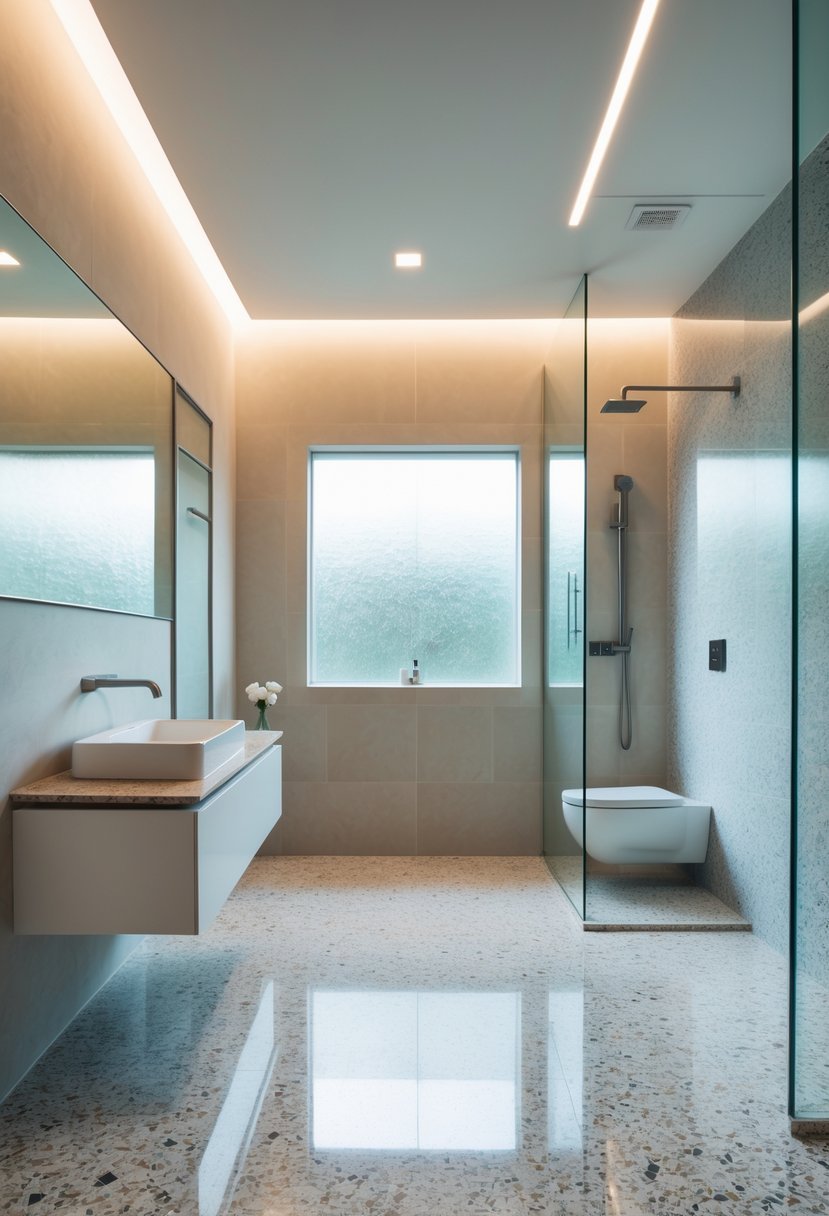 A bright bathroom with polished terrazzo floors, a floating vanity, glass shower, and natural light coming through a window.