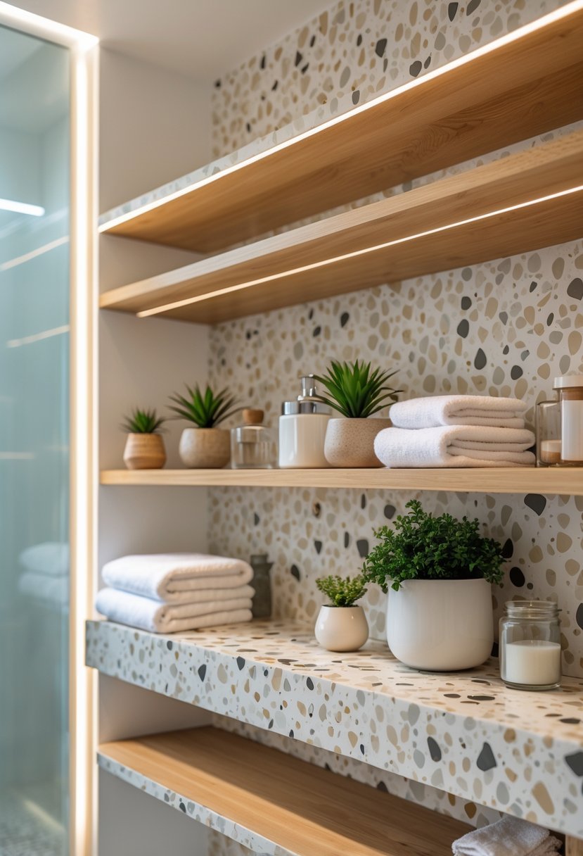 Bathroom shelves with terrazzo tile accents holding plants, towels, and jars.