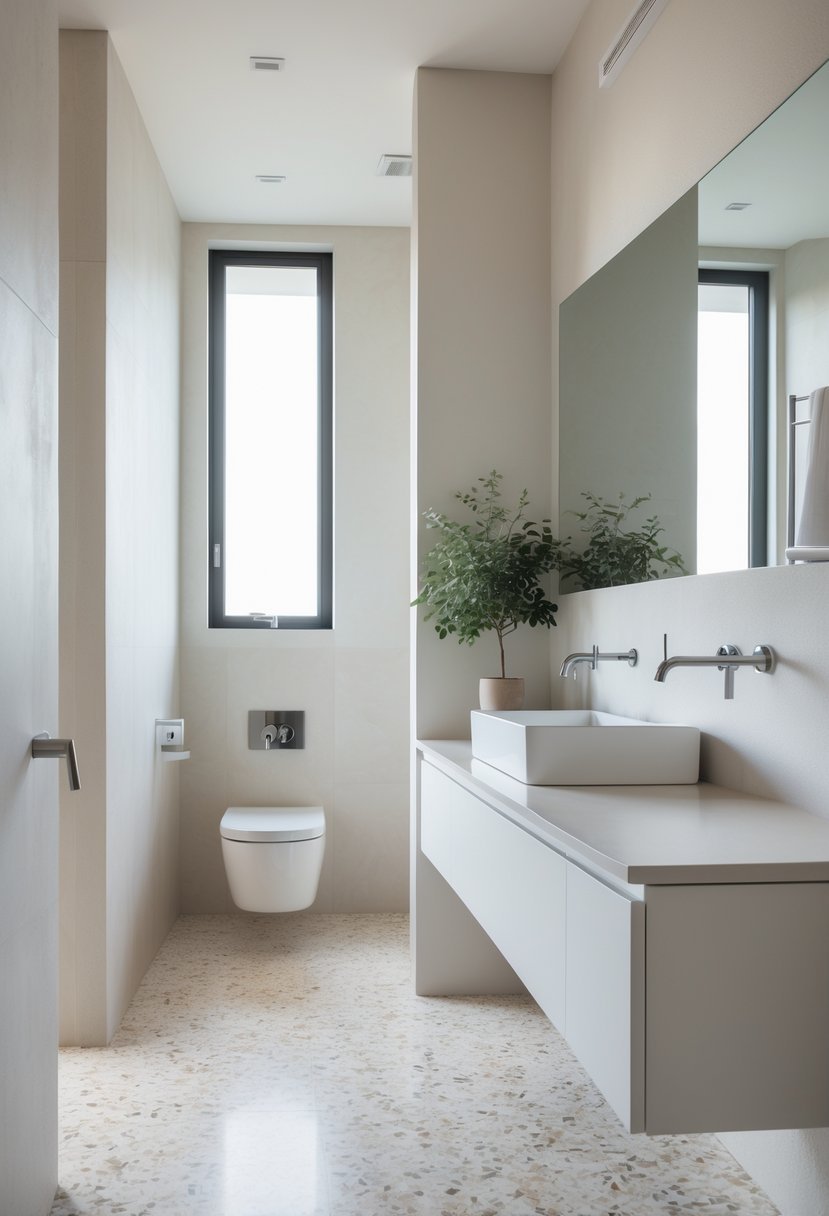 A modern bathroom with streamlined fixtures and terrazzo flooring, featuring a wall-mounted sink, floating vanity, and natural light.