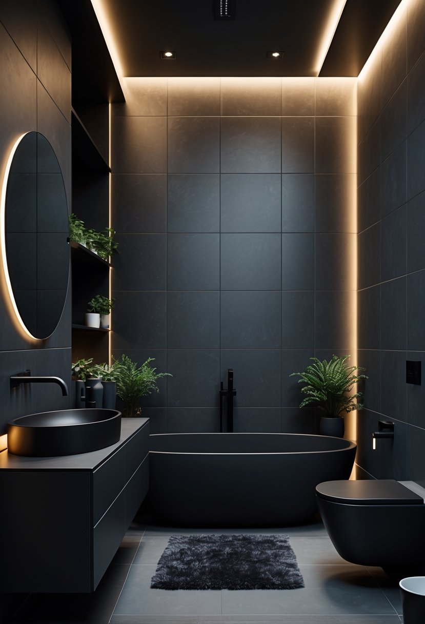 A dark bathroom with black walls, a freestanding bathtub, floating vanity, round mirror, and warm lighting.