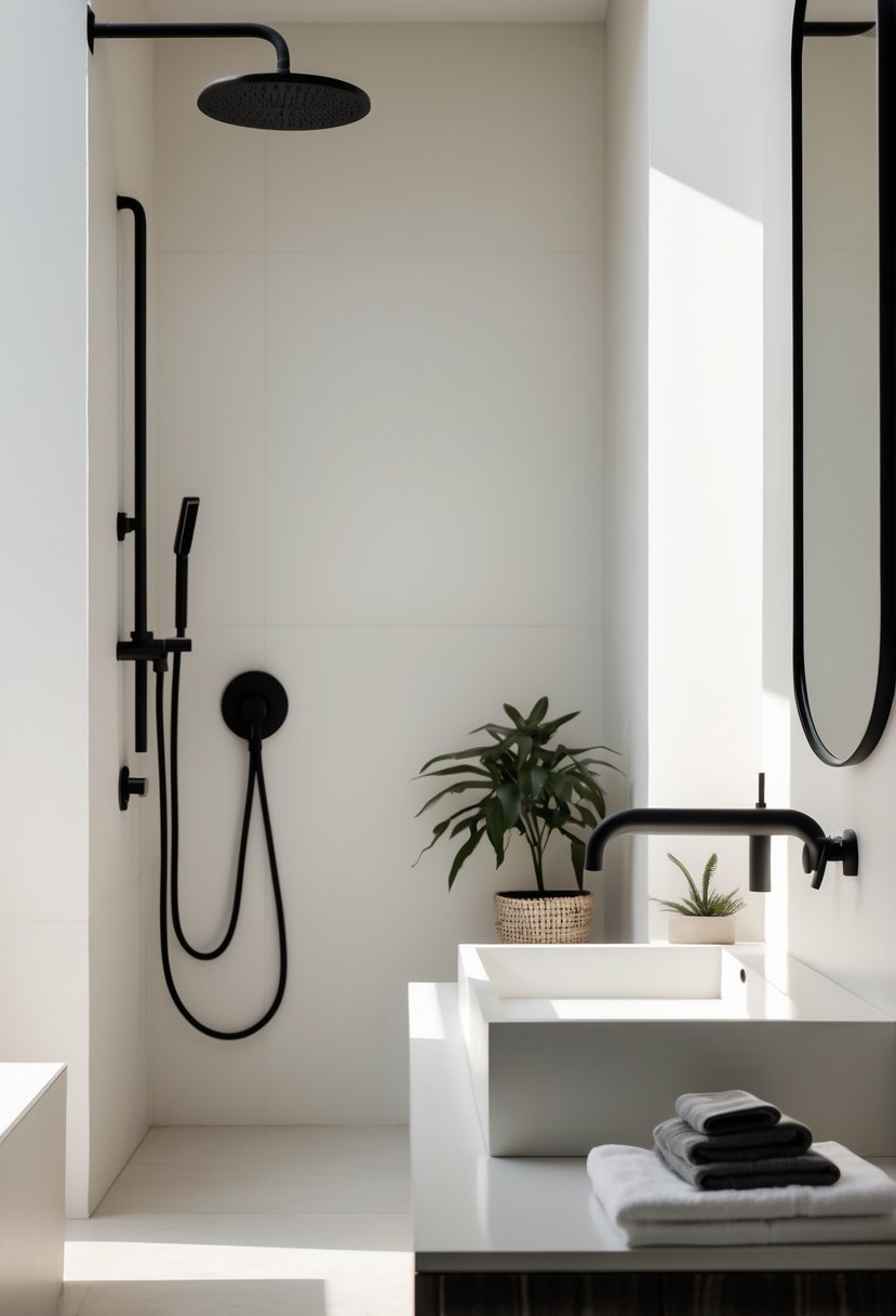 A modern bathroom with matte black fixtures including faucet and showerhead, a white sink, and a small plant on the countertop.