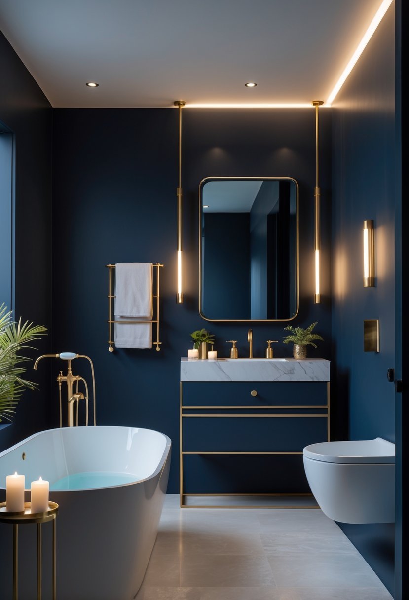 A bathroom with deep navy blue walls, gold fixtures, a freestanding bathtub, and a gold-framed mirror above a vanity.