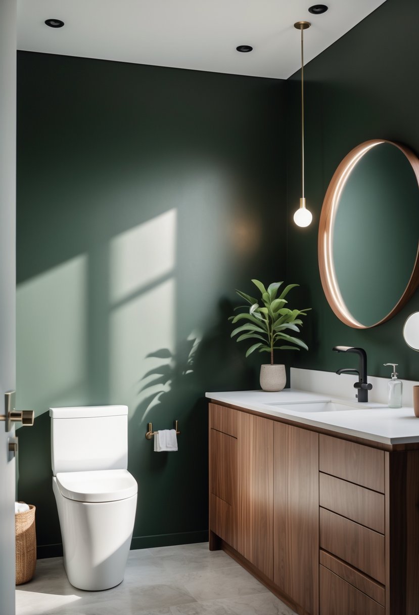 A bathroom with dark green walls and walnut wood cabinets under a white countertop with a sink.