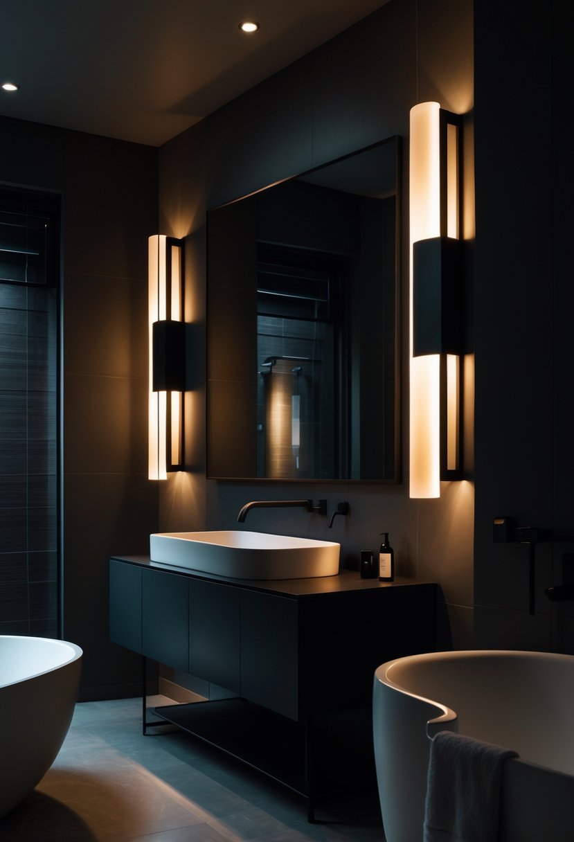 A dimly lit bathroom with wall sconces casting warm light over a vanity, mirror, and freestanding bathtub.