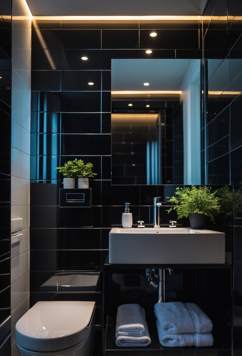 A bathroom with black glossy subway tiled walls, a white sink, a mirror, and bathroom accessories.