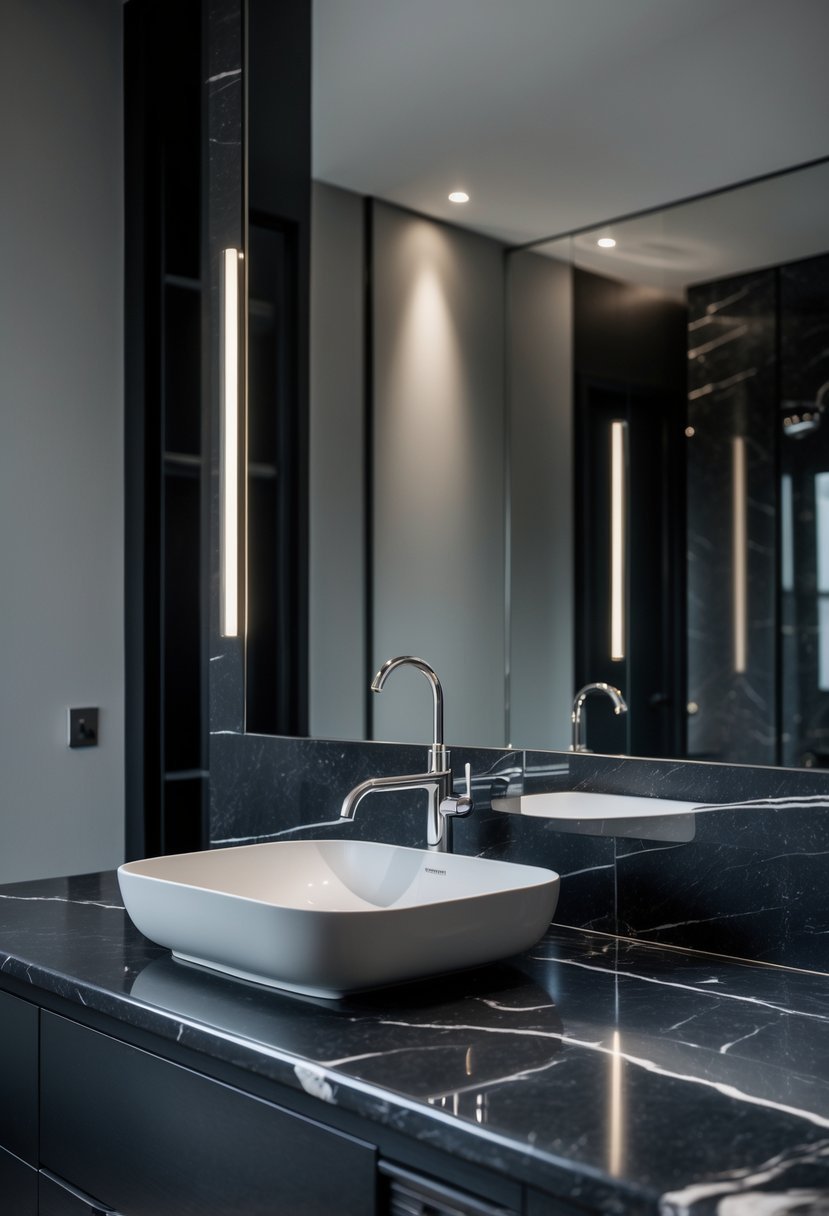 A modern bathroom with black marble countertops, a sink, and a large mirror.