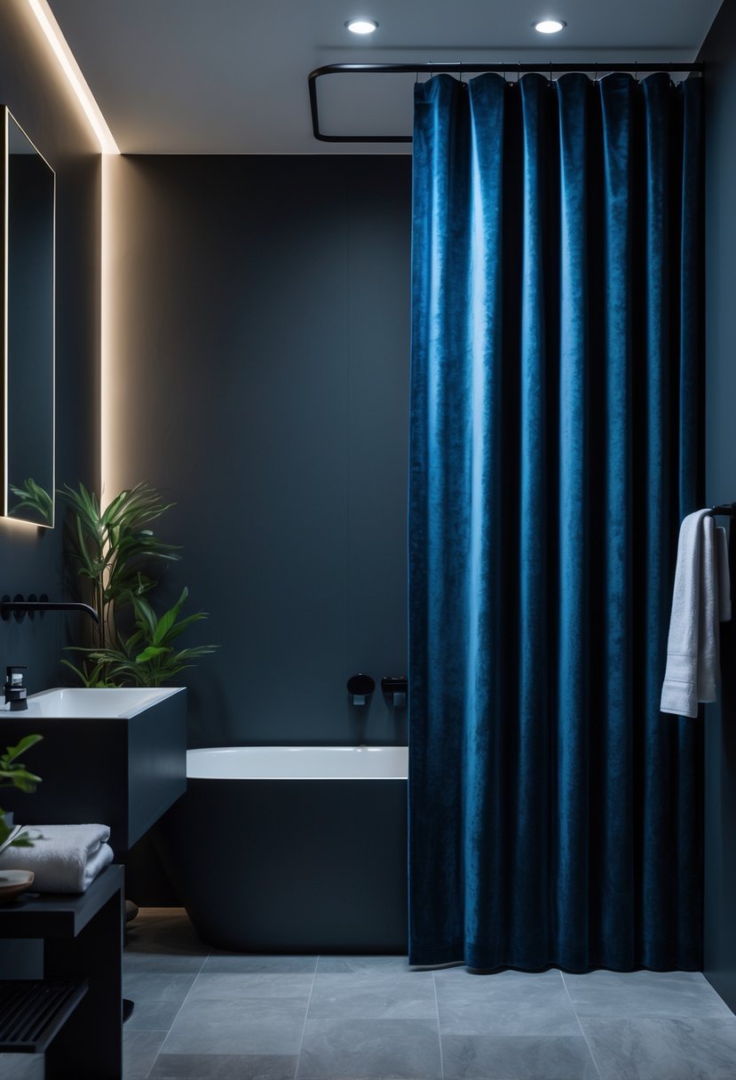 A modern bathroom with dark blue velvet shower curtains, a bathtub, black fixtures, and green plants.