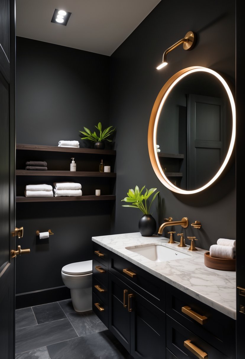 Dark bathroom with bronze hardware accents, black vanity, white countertop, round mirror, and dark slate floor.