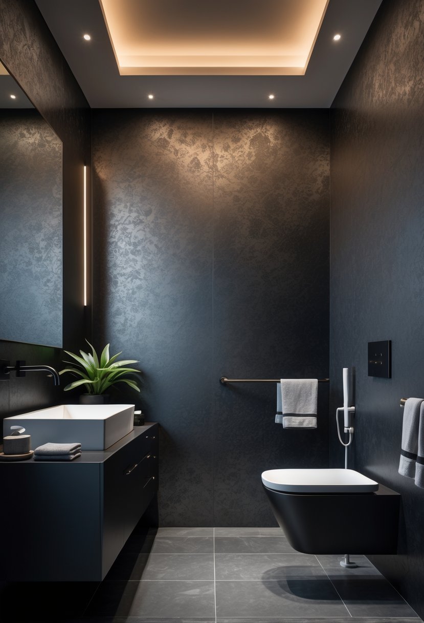 A modern bathroom with dark textured wallpaper and metallic accents, featuring a black vanity, large mirror, and soft warm lighting.