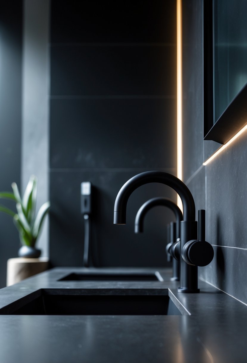 A modern bathroom with black matte faucets on a sink and dark tiles in the background.