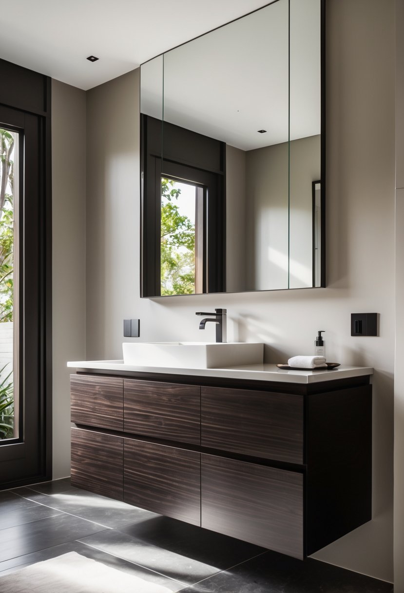 A bathroom with a dark wood vanity, a white sink, and a large mirror above it.