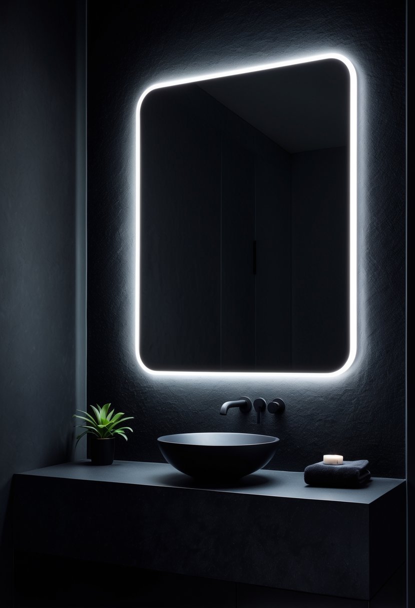 Dark bathroom with a smoky mirror illuminated by soft backlighting above a black countertop and sink.
