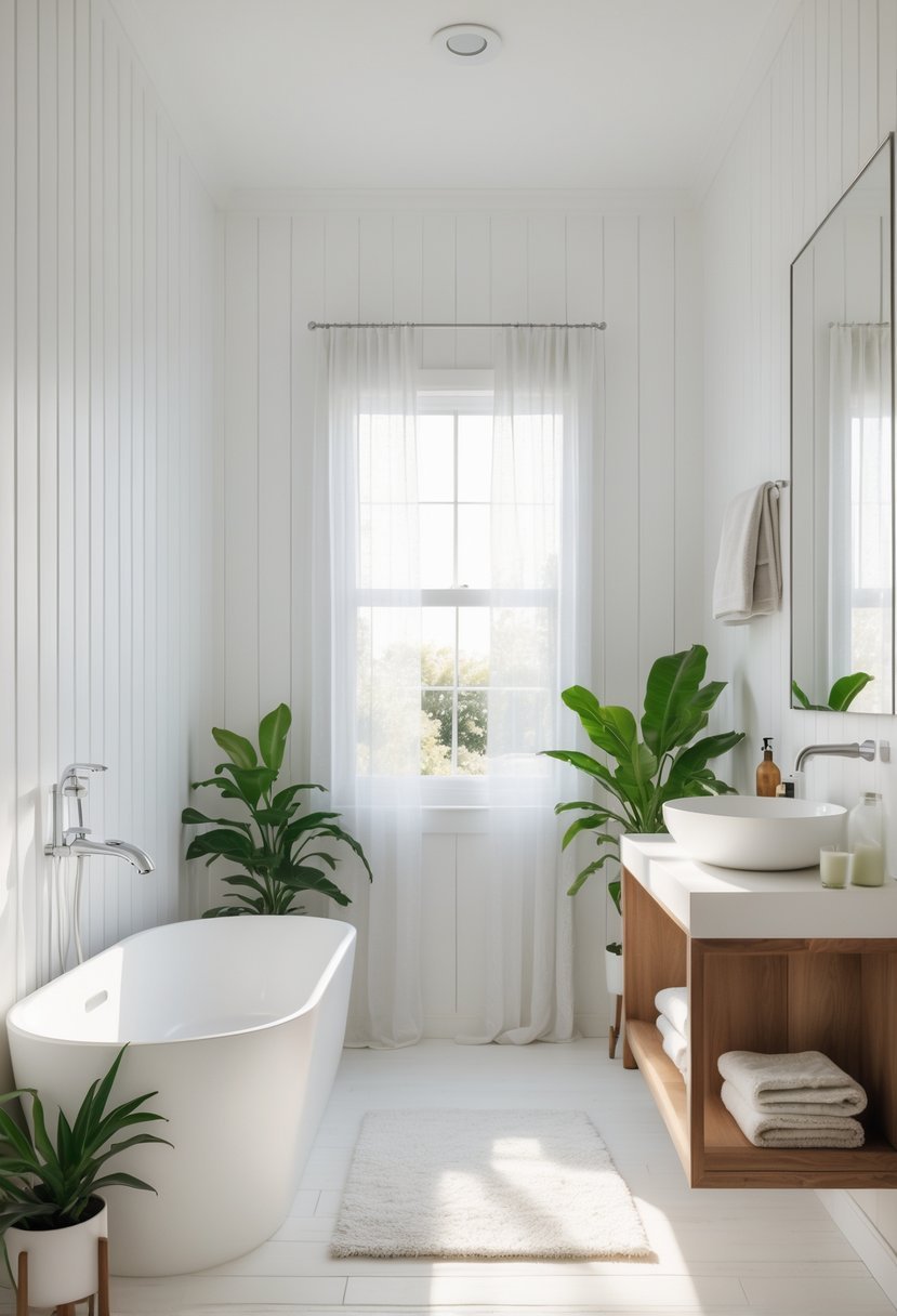 A bright bathroom with white shiplap walls, a freestanding bathtub, wooden vanity, and green plants.