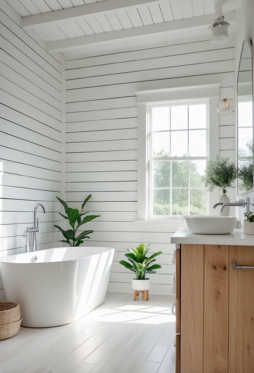 A bright bathroom with white horizontal wood panel walls, a freestanding bathtub, wooden vanity, and green plants.