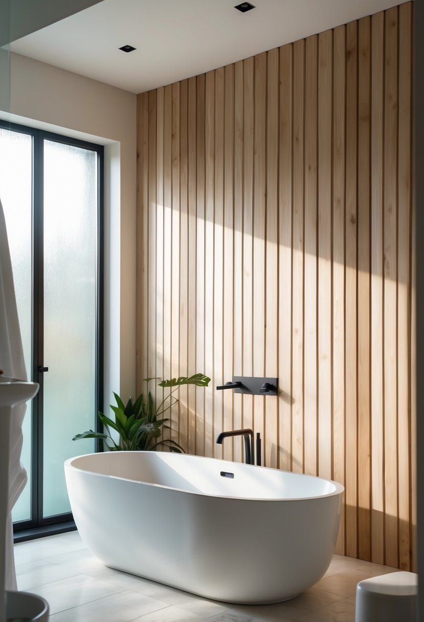A bathroom with vertical wooden wall panels, a white bathtub, black fixtures, and natural light coming through a window.
