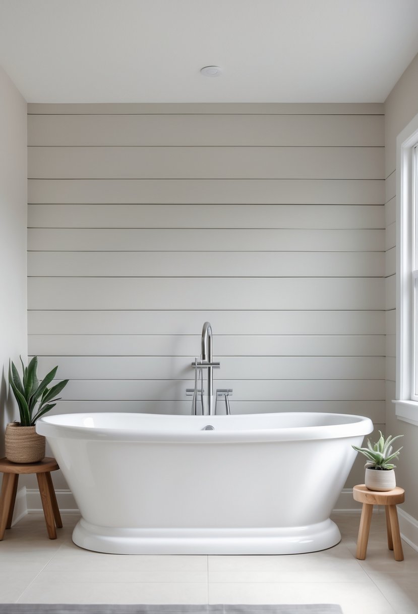 A bathroom with a white freestanding bathtub in front of a wooden shiplap accent wall and a small plant on a stool nearby.