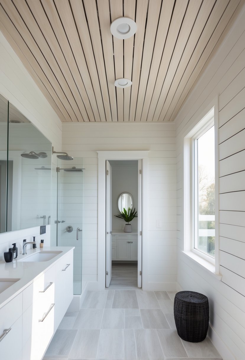 A bright bathroom with a shiplap ceiling, a vanity with a mirror, and natural light coming through a window.