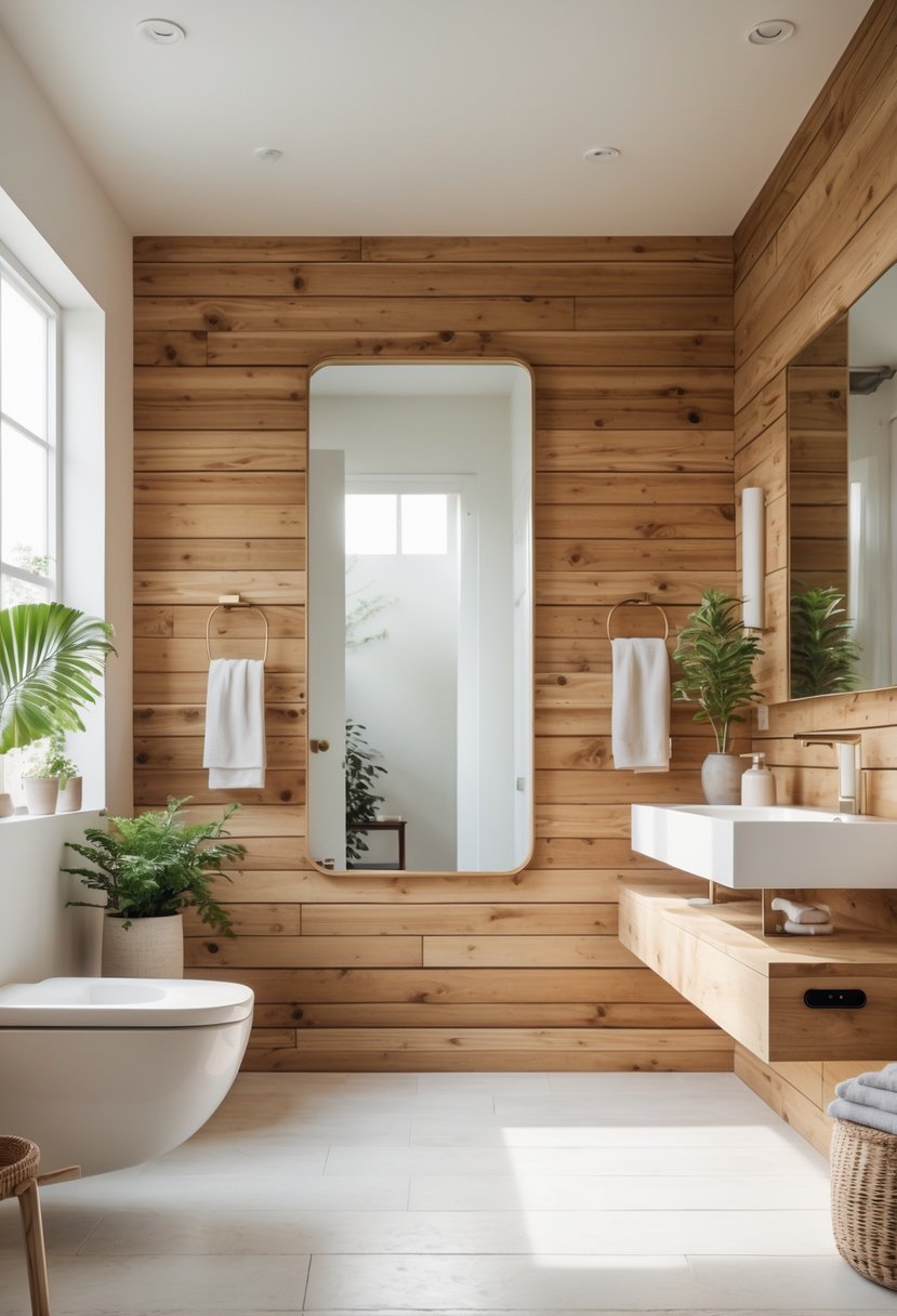 A bathroom interior with natural wood shiplap walls, a white sink, a mirror, and potted plants.
