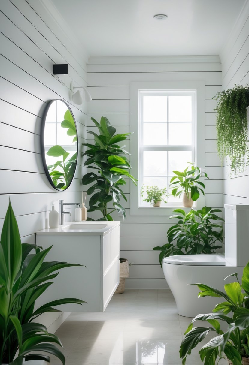 A bathroom with white wooden walls and green plants adding freshness, featuring a white vanity and a round mirror.