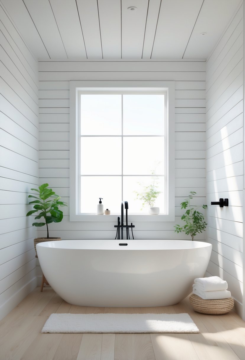 A freestanding bathtub surrounded by white shiplap walls in a bright bathroom with wooden flooring and a small plant nearby.