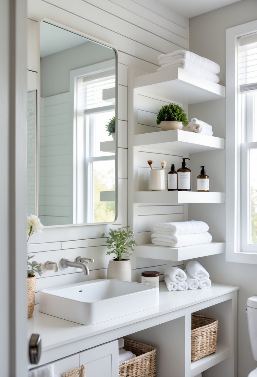 A bright bathroom with white shiplap-framed mirrors and shelves holding towels, plants, and toiletries.