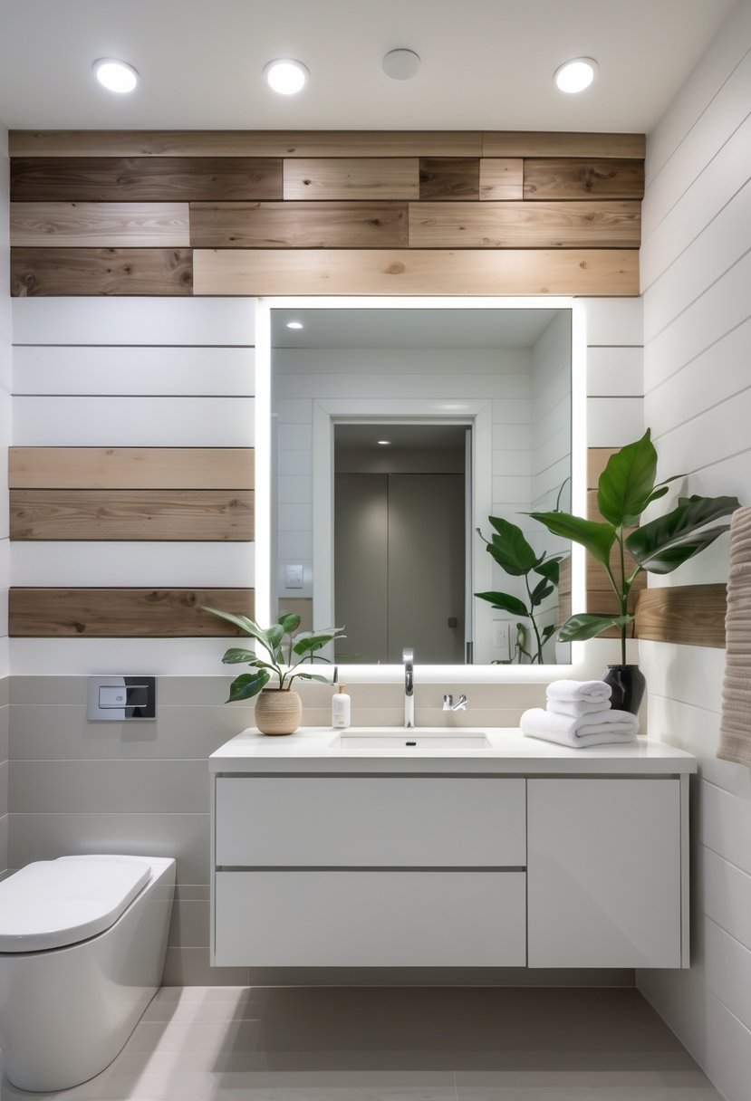 A modern bathroom with mixed horizontal and vertical shiplap wood paneling on the walls, a white vanity with sink, a large mirror, and soft lighting.