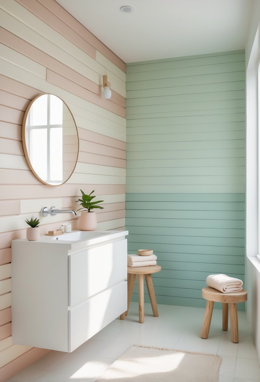 A bathroom with pastel-colored wooden panel walls, a white vanity, a round mirror, and natural wooden accents.