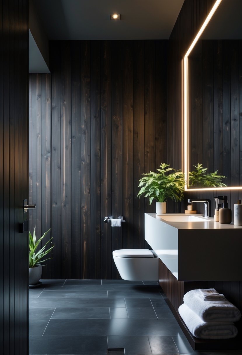 A bathroom with dark wood panel walls, a modern vanity with a white countertop, a large mirror, and decorative items like a plant and towels.