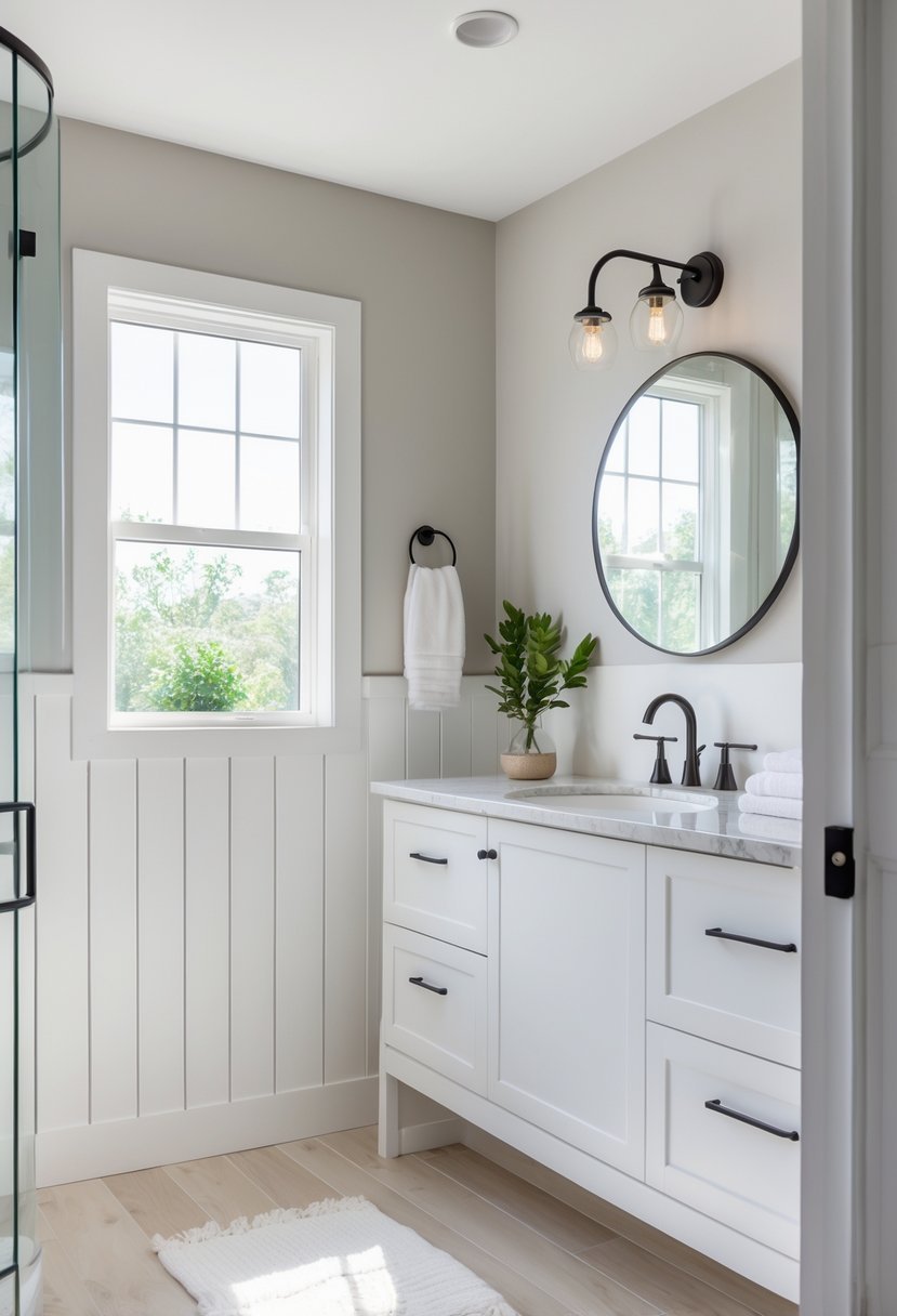 A bright bathroom with white wooden paneling on the lower walls and painted upper walls, featuring a vanity with a mirror and natural light coming through a window.