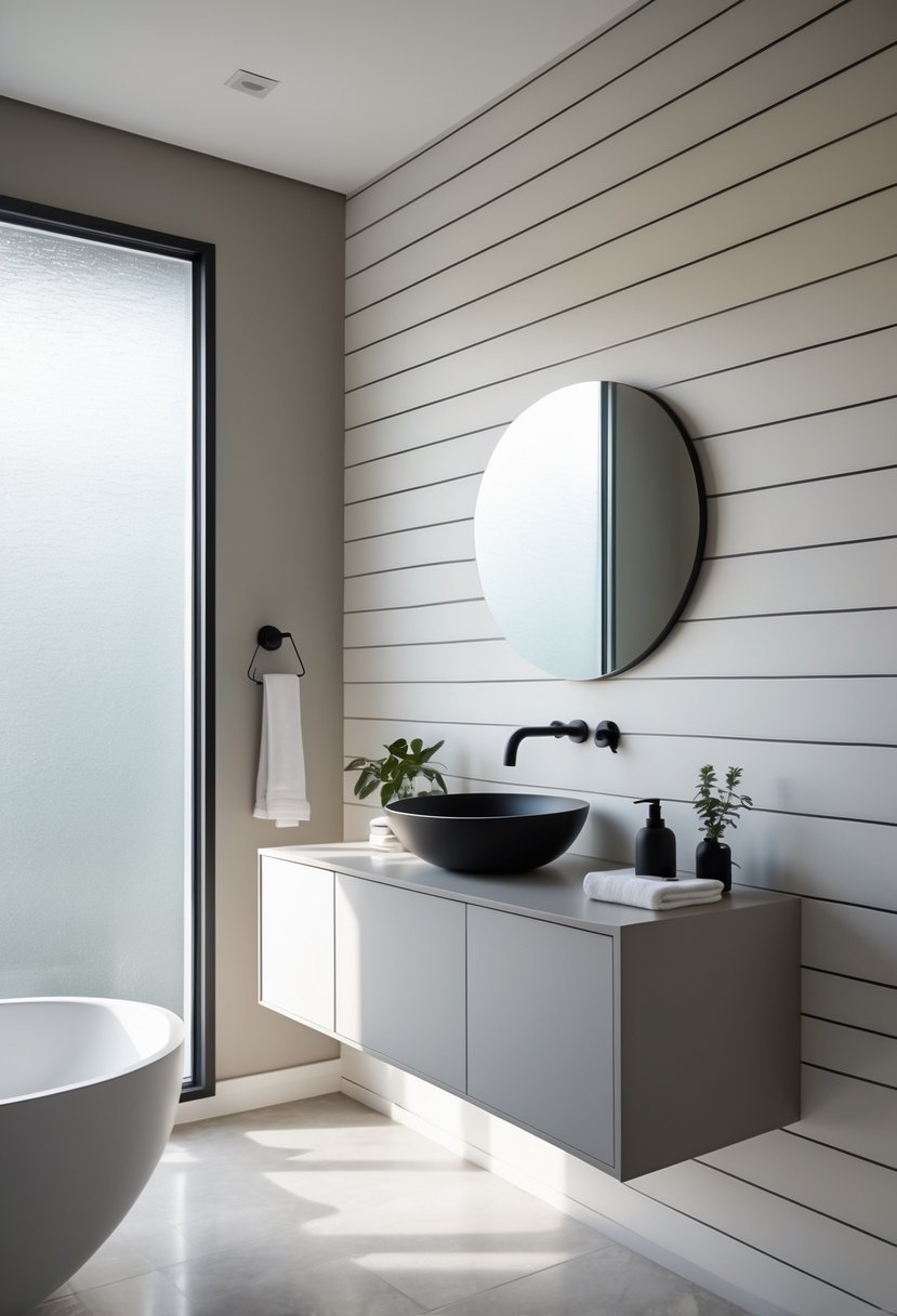 A modern bathroom with shiplap walls, a floating vanity, vessel sink, and natural light coming through a window.