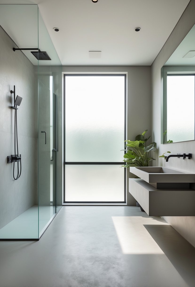 A modern bathroom with smooth seamless floors, a floating vanity, glass shower, and natural light.