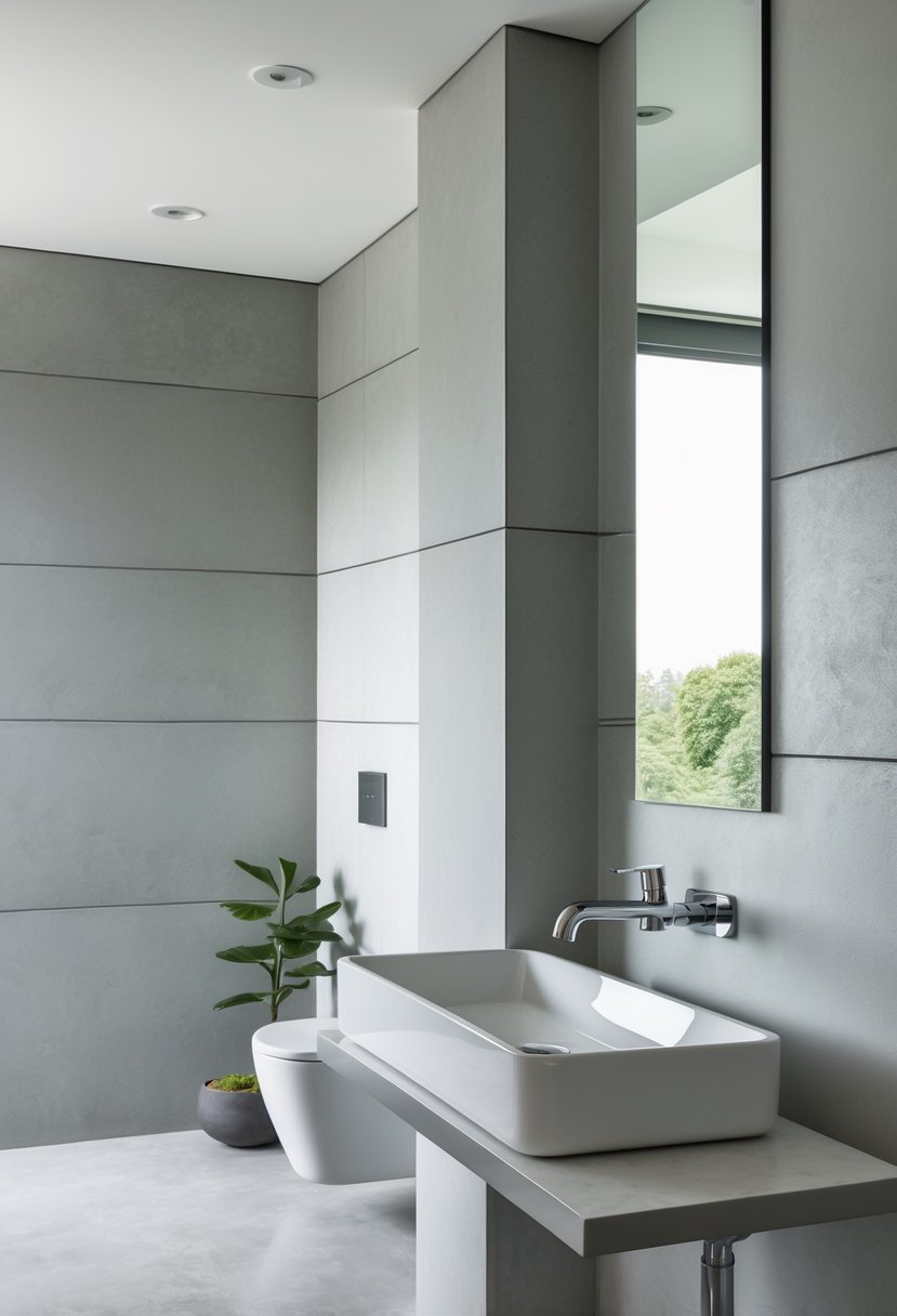 A modern bathroom with light grey walls, a white sink, a frameless mirror, and soft natural lighting.