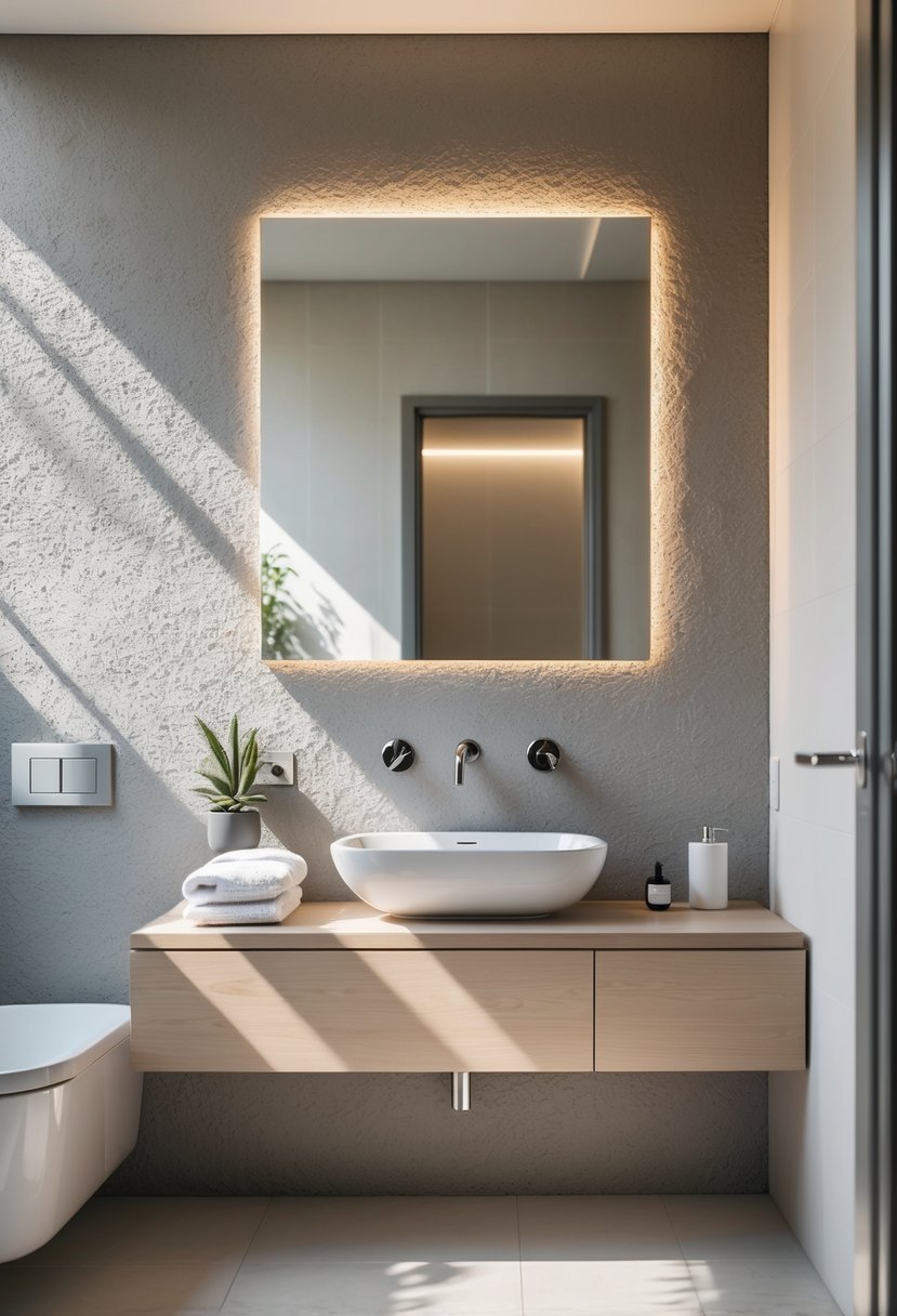 A modern bathroom with a textured feature wall, a floating vanity, and natural light illuminating the space.