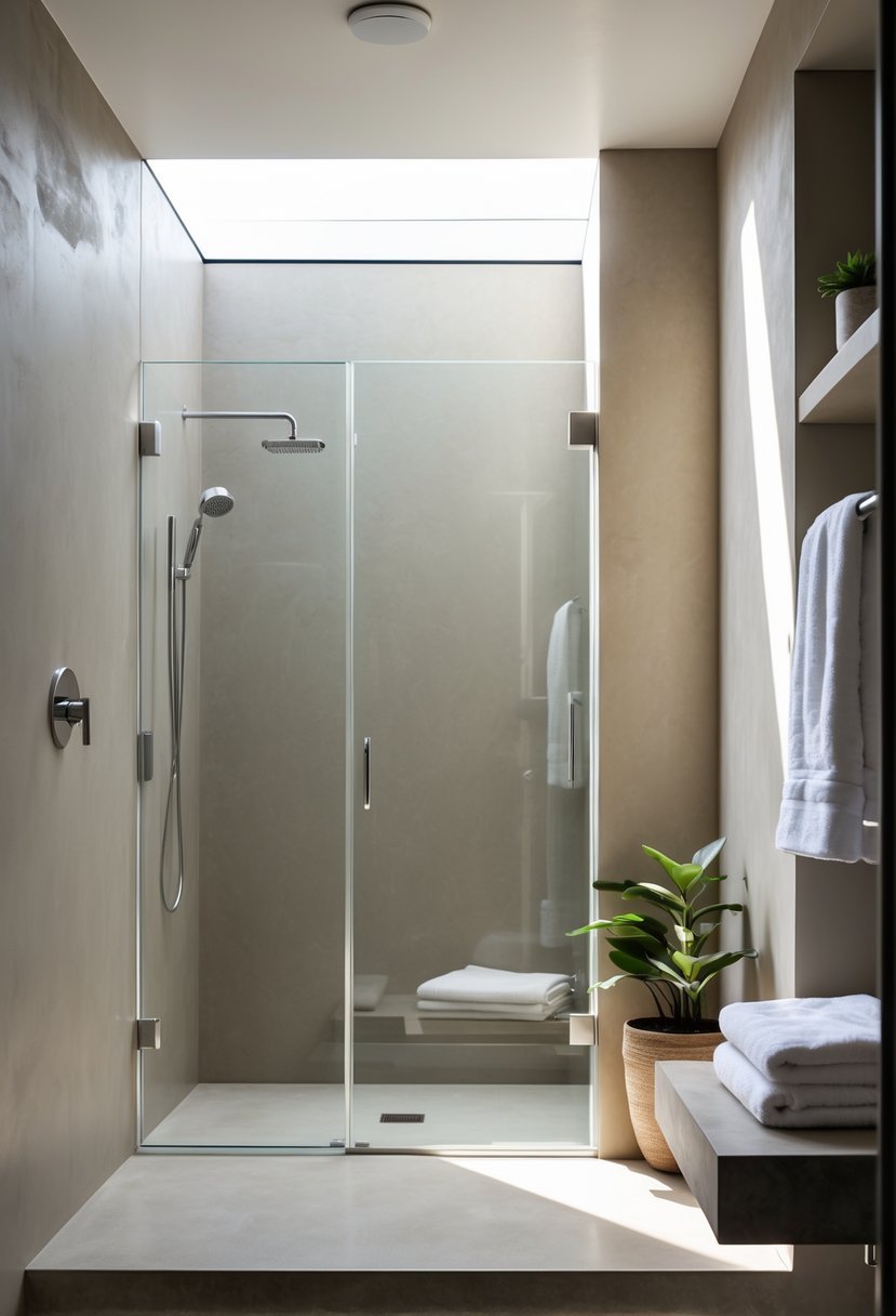 A modern bathroom with a seamless microcement shower enclosure and glass doors, illuminated by natural light.