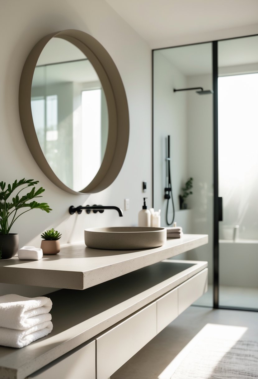 A modern bathroom with matte finish microcement countertops, a round mirror, and elegant fixtures.