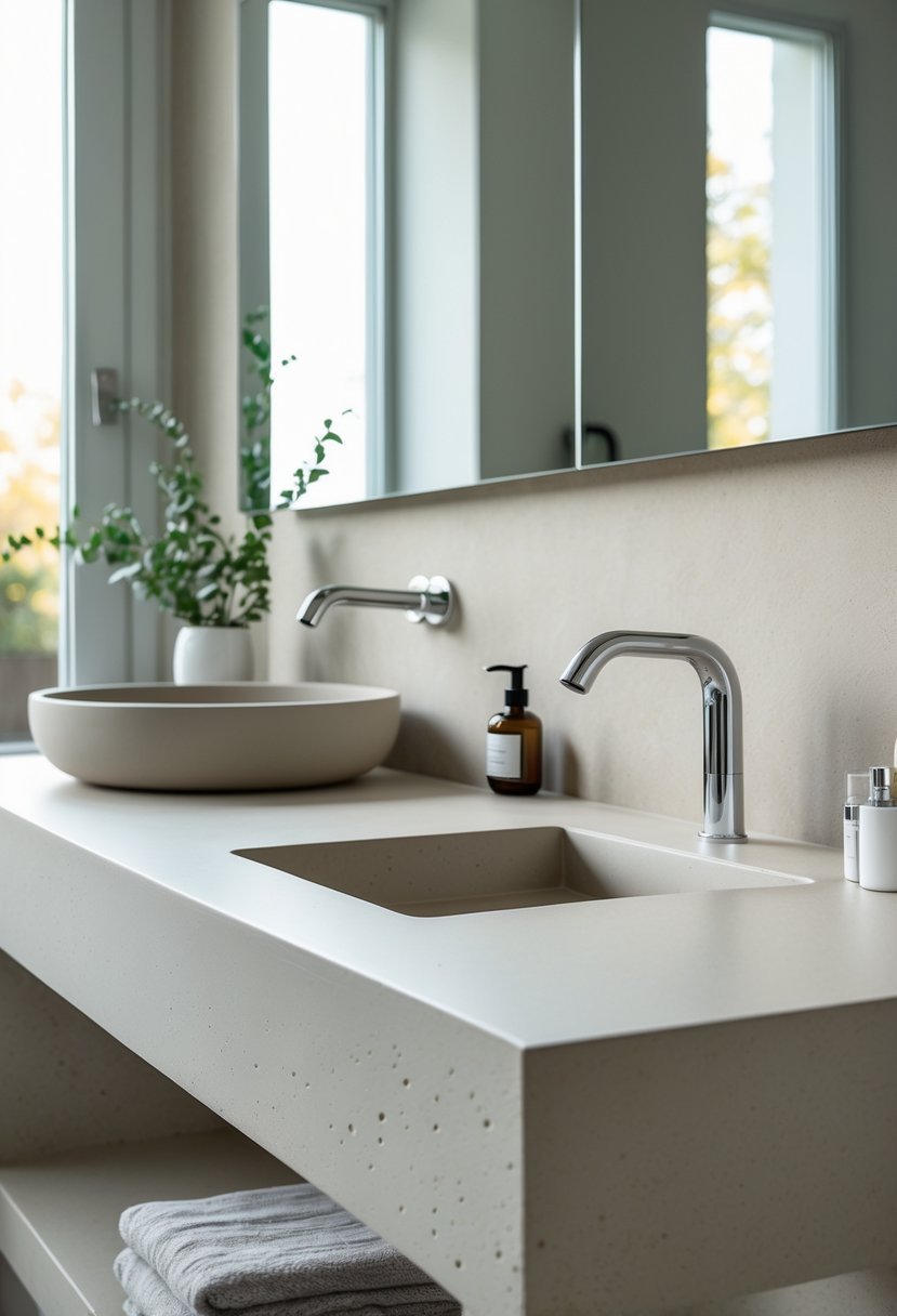 A modern bathroom with integrated sinks made from microcement blending smoothly with the countertop and walls, featuring a small plant and a chrome faucet.