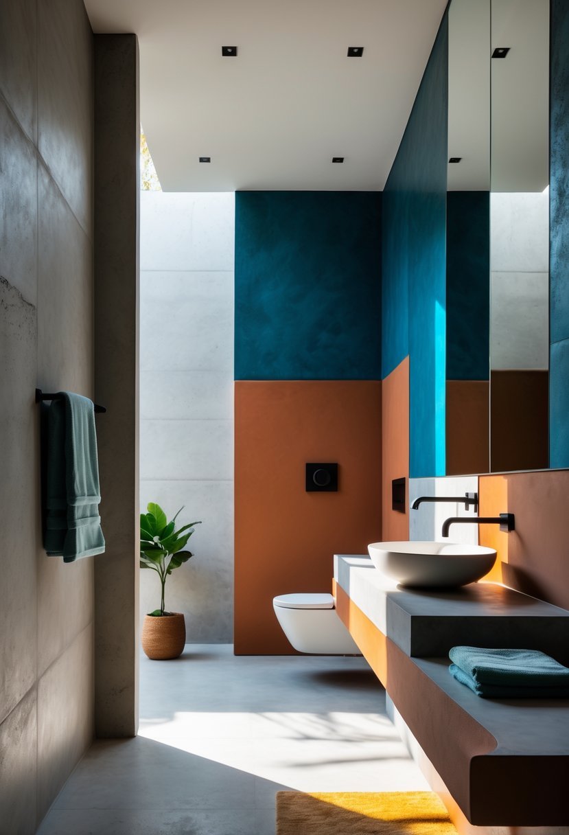 A modern bathroom with smooth walls and floors featuring bold colored accents, a white sink, and contemporary fixtures.