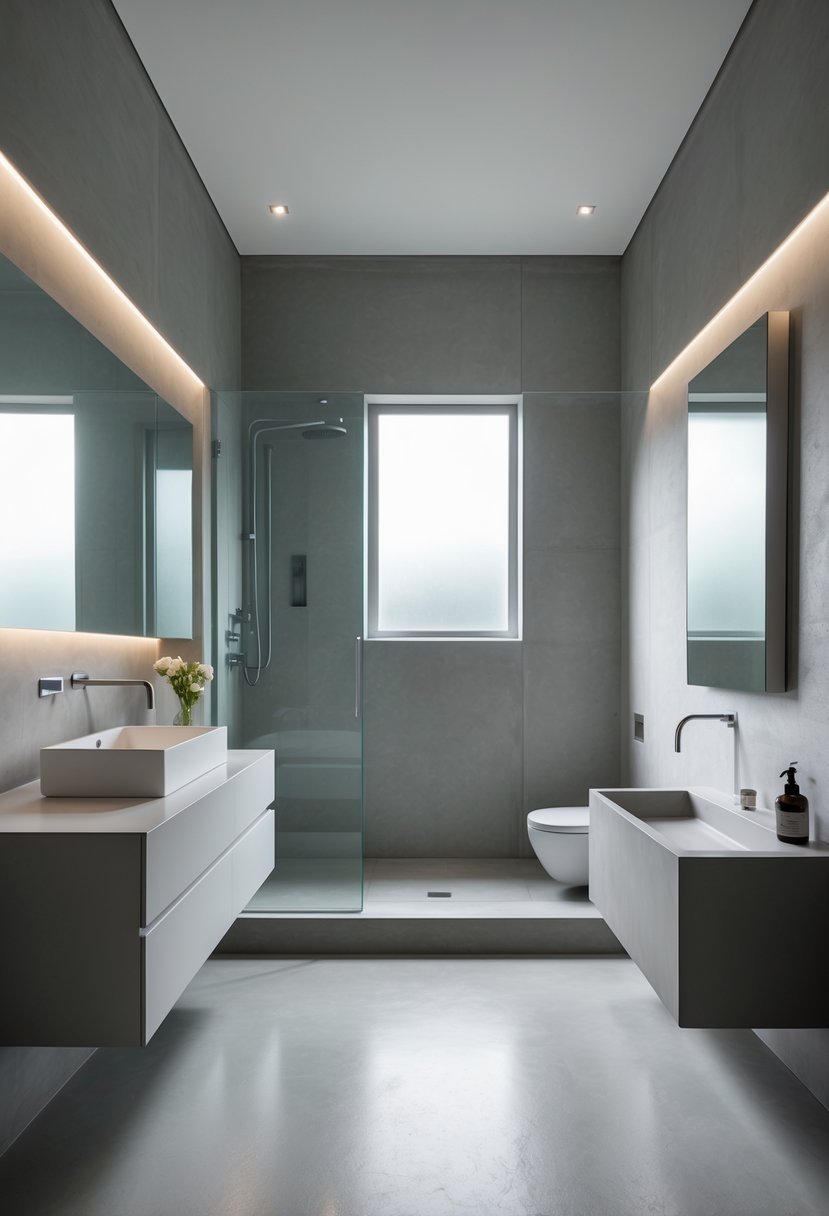 A modern bathroom with grey walls and floors, a floating vanity, a large mirror, and a walk-in shower with glass panels.