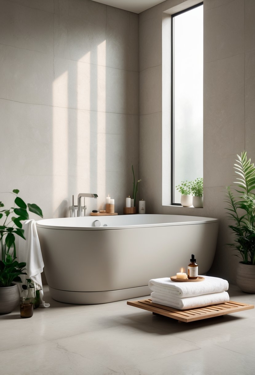 A modern bathroom with a freestanding bathtub surrounded by smooth neutral-toned surfaces, soft natural light, towels, candles, and green plants.
