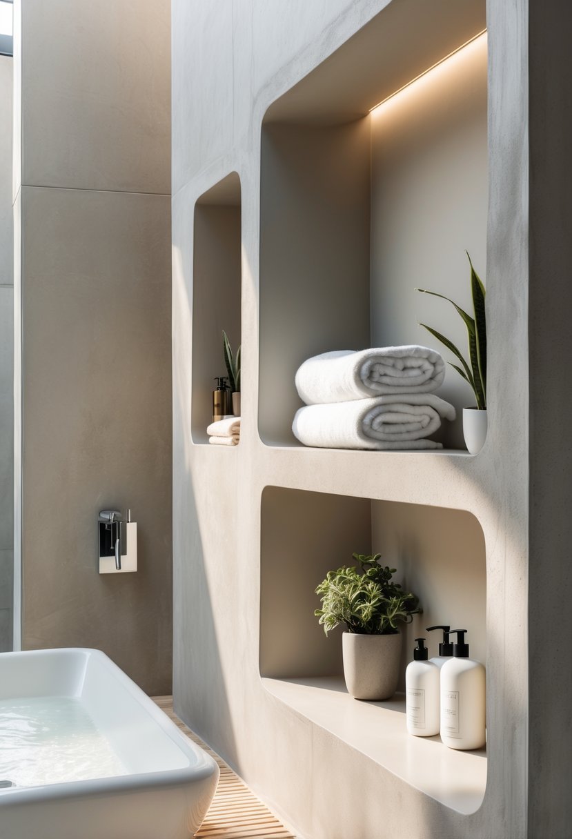 A modern bathroom with built-in wall niches holding towels, plants, and toiletries.