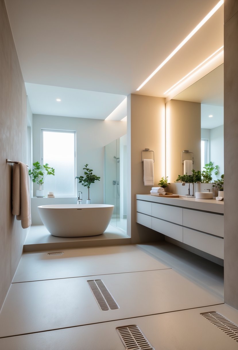 A modern bathroom with smooth microcement floors and walls, a freestanding bathtub, vanity with mirror, and natural light coming through a window.